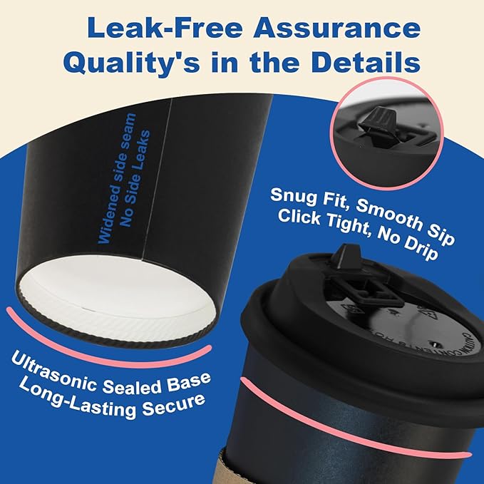 Coolcap 16 oz 50 Pack Coffee Cups with Lids and Sleeves, Straws, Hot Disposable To Go Travel Paper Cups Bulk for Office, Home Coffee Bar Accessories, Chocolate, Cocoa, Beverage (Black)