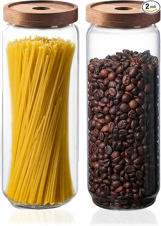 Glass Jars with Airtight Wood Lids - 57 OZ Large Tall Kitchen Pantry Storage Containers, Decorative Canister for Pasta, Spaghetti, Fusilli, Noodles, Coffee Beans, Oats, Cereal, Tea, Nuts, Set of 2