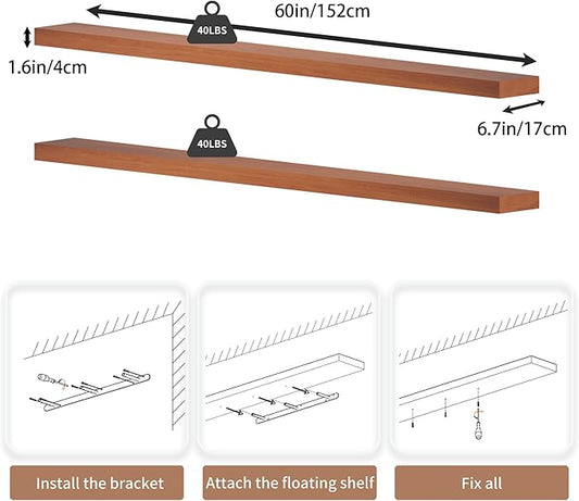 60 inch Long Floating Shelves for Wall,Solid Wood Long Shelves Set of 2,Orange Rustic Wall Mounted Shelves with Heavy Duty Brackets (Orange, 60 Inch)