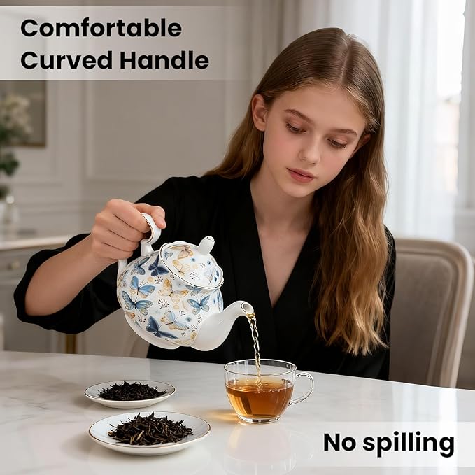 33.8 oz Porcelain Tea Pot Luxury Gold Trim Floral Ceramic Teapot Waterpot Tea Maker for Blooming Loose Leaf Tea Coffee Milk Chrismas Women Gift Housewarming Home Kitchen Décor (Butterfly)