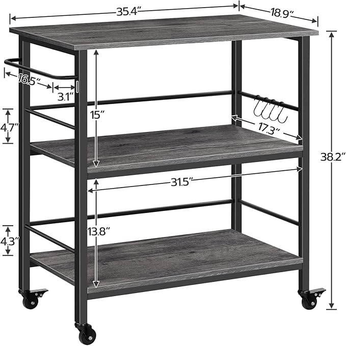 HOOBRO Kitchen Island with Storage,Industrial Kitchen Island on Wheels and Side Enclosures, 3 Tier Kitchen Cart with Large Workstation, Stable, Easy Assembly, Charcoal Gray and Black BC03ZD01