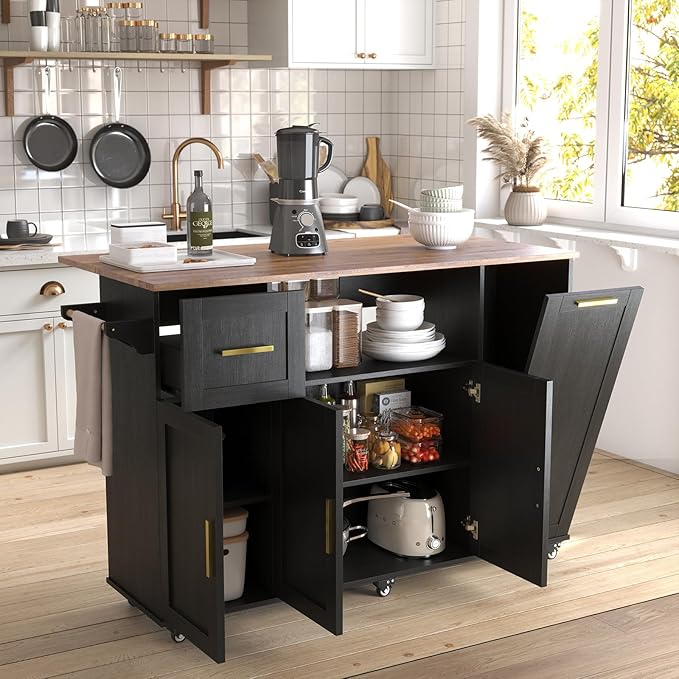 59 inch Large Mobile Kitchen Island Cart with Drop Leaf,Island Cart with 2 Cabinets,Drawer,Extra Counter Space&Trash Bin Storage,Rolling Portable Prep Table for Kitchen,Black
