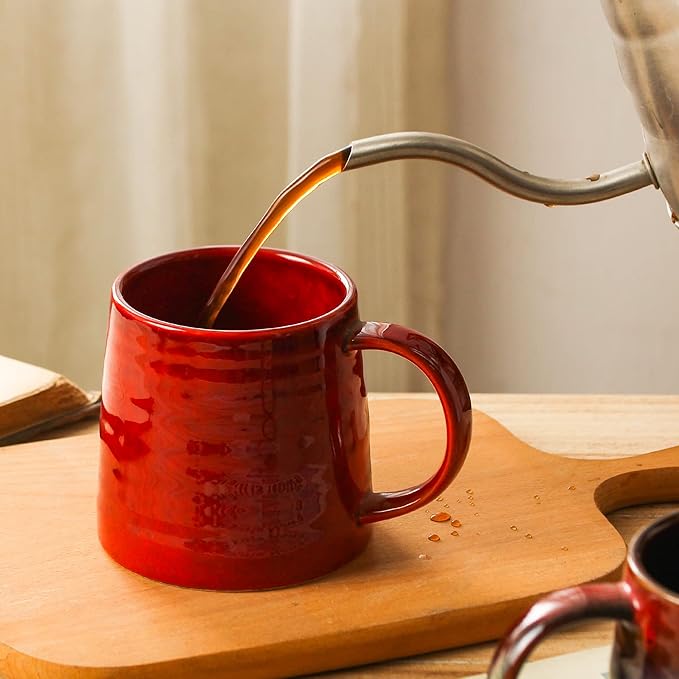 Large Ceramic Coffee Mug, Handmade Pottery Mugs, Tea Cups with Big Handle for Office and Home, 15.5 oz, Dishwasher and Microwave Safe (Red)