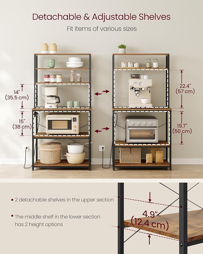 VASAGLE Bakers Rack with Power Outlet, 31.5 Inches Coffee Bar for Kitchen with Storage, 6-Tier Kitchen Shelves with 6 Hooks, Microwave Stand, Industrial, Rustic Brown and Ink Black UKKS119K01
