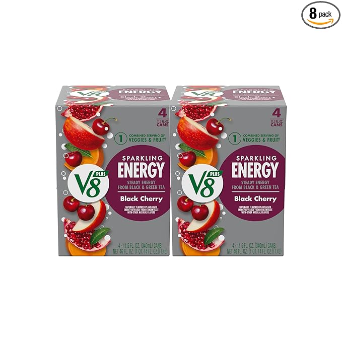 V8 +Energy Sparkling Black Cherry Juice Energy Drink, 11.5 fl oz Can (Pack of 8)