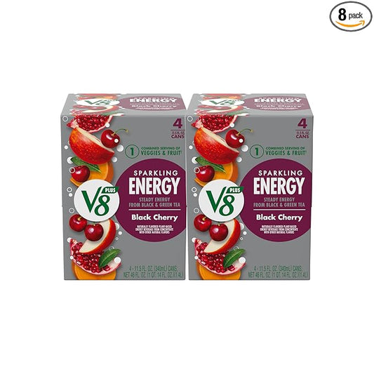 V8 +Energy Sparkling Black Cherry Juice Energy Drink, 11.5 fl oz Can (Pack of 8)