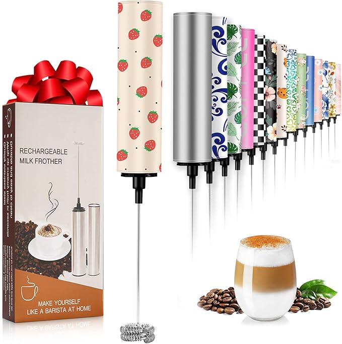 Milk Frother Handheld Rechargeable - 2-Speed Electric Whisk with 5 Detachable Heads (Frother/Mixer/Whisk) for Coffee, Latte, Cappuccino & Matcha, Drink Mixer (Flower 6)