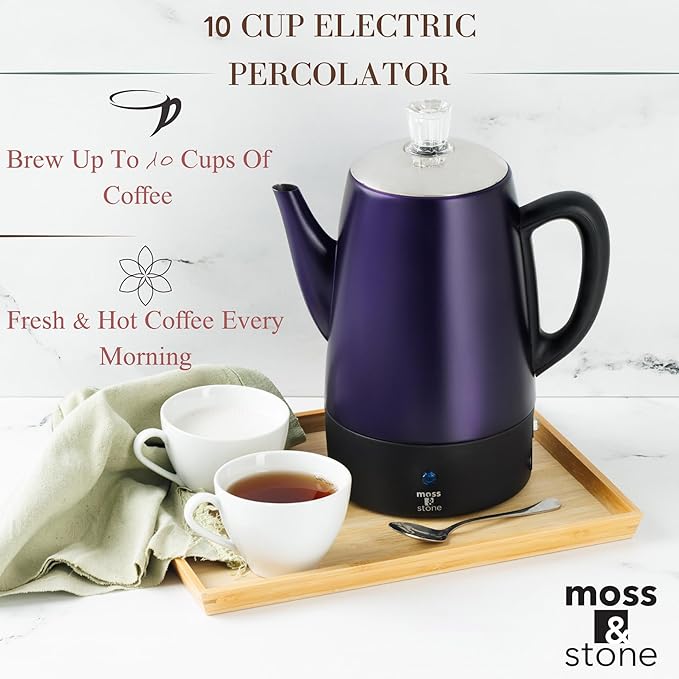 Moss & Stone 10 Cup Purpale Percolator Coffee Pot Electric, Stainless Steel Coffee Percolator Electric With Keep Warm Function, Classic Perculator Pot With Removable Basket for Home or Office