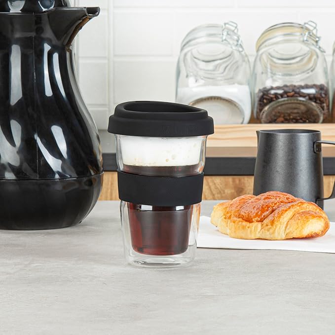 Restaurantware - Forma Professional 13.5 Ounce Insulated Travel Mugs, 10 Double Wall Coffee Mugs - Includes Lids And Sleeves, Reusable, Clear Borosilicate Glass Tumblers, Dishwashable, Microwavable