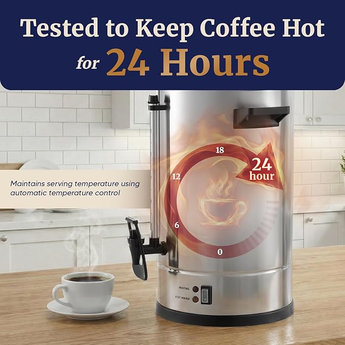 Elite Gourmet 100-Cup Commercial Coffee Urn & Hot Water Boiler – Dual-Wall Insulated, Tested to Keep Coffee Hot for 24 Hours, Dripless Faucet, Stainless Steel for Offices, Churches & Catering