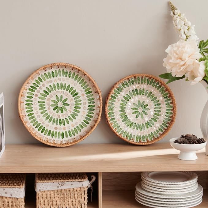 YANGQIHOME Round Serving Tray with Decorative Mother of Pearl Inlay, Wicker Tray for Home Decor, Table Decor, Gifts, Dining, Woven Tray for Food, Fruit, Coffee, 13.8 inch