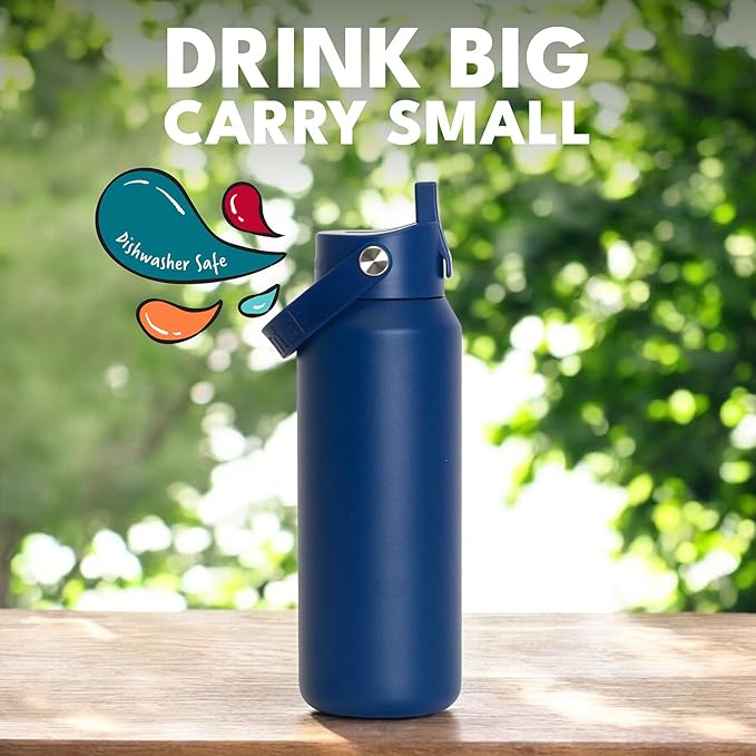 Elemental 40oz Insulated Water Bottle with Straw - 100% Leak-Proof Stainless Steel Core Water Bottles for Travel, Sports and Gym - Double Wall Insulation & BPA Free - Navy