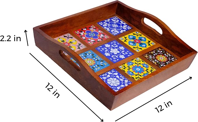 Craft Trade Mango Wood Serving Tray with Handle and 9 Fitted Floral Ceramic Tiles Wooden Platters Perfect for Breakfast Tea Coffee Snacks Dinner 30x30x8 cm Square