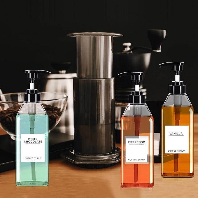 Nuogo 6 Pcs Coffee Syrup Dispenser Bottles Set 750ml, 500ml, 300ml, 150ml PET Black Syrup Bottles with Pump Dispenser 27 Labels for Coffee Bar Kitchen Accessories Portable Travel(11.8 oz,Prismatic)