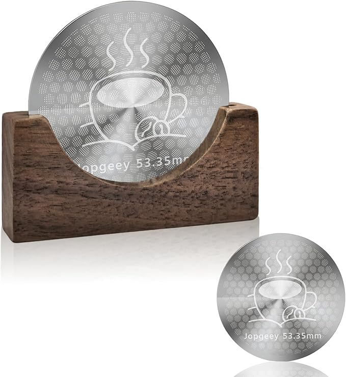 53.35mm Espresso Puck Screen with Stand, 0.9mm 150μm Ultra Thin Reusable Coffee Filter Compatible with Breville Barista 54mm Portafilter Basket, 304 Stainless Steel Espresso Machine Accessories