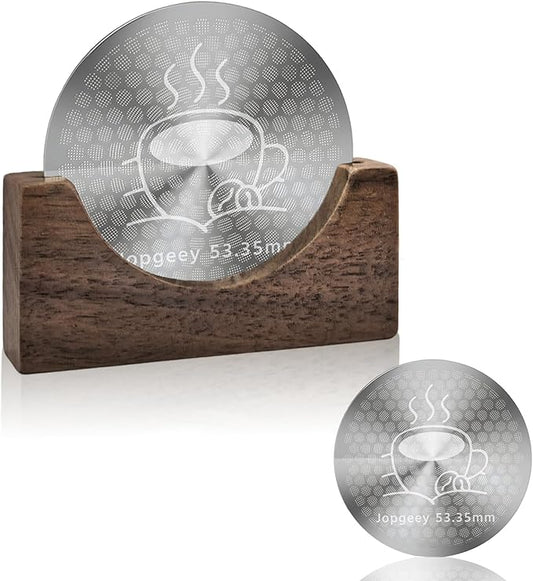 53.35mm Espresso Puck Screen with Stand, 0.9mm 150μm Ultra Thin Reusable Coffee Filter Compatible with Breville Barista 54mm Portafilter Basket, 304 Stainless Steel Espresso Machine Accessories