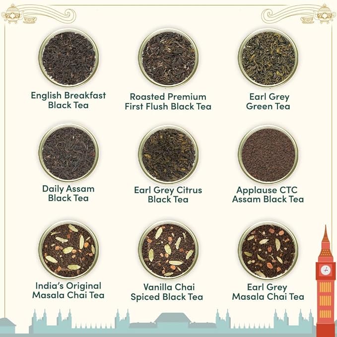 VAHDAM, Weekend in London Valentines Day Gifts Set - 9 Loose Teas | Tin Caddy Travel Edition Gift Box | Valentines Day Gifts for Him & Her | Gluten Free, Non GMO
