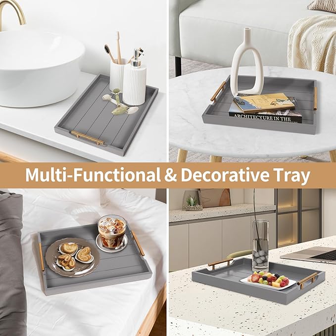 Wooden Serving Tray with 2 Sets of Handles,Large Ottoman Tray for Living Room, Rectangular Wood Tray for Coffee Table, Modern Farmhouse Kitchen Decor, 4 Round Coasters Included,Gray