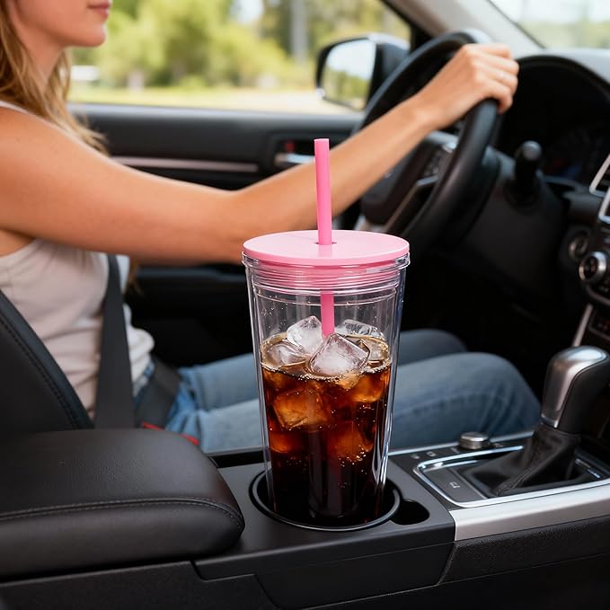 24oz Tumbler with Lid and Straw, Leak Proof and Double Wall Insulated Reusable Plastic Cups,Travel Reusable Iced Coffee Cup (2, Pink)