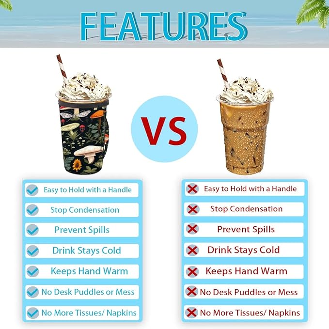 Reusable Iced Coffee Sleeve with Handle, Tropical Mushrooms Neoprene Cup Sleeve Butterfly Leaves Insulator Cup Holder for Cold Drinks Beverages 30oz - 32oz