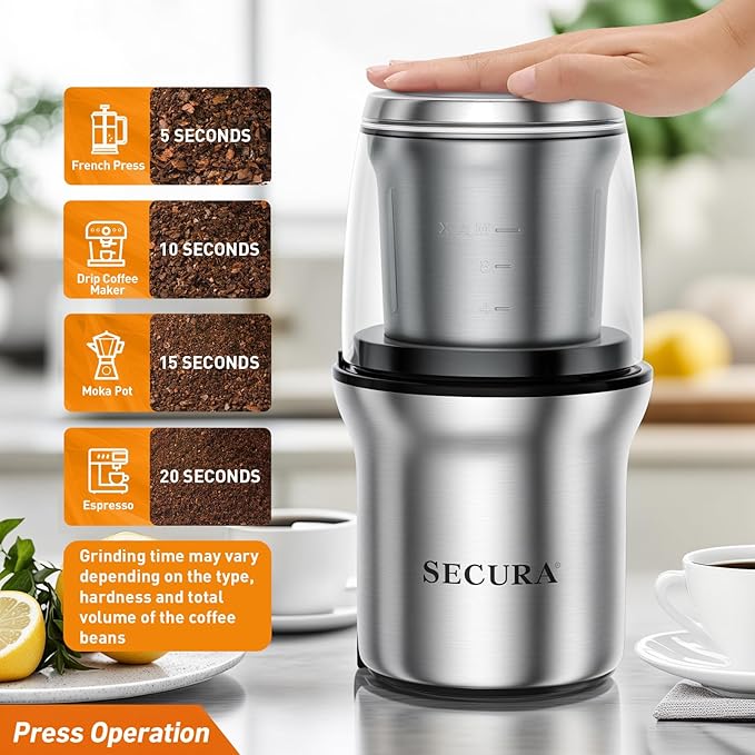 Secura Electric Coffee Grinder and Spice Grinder with 1 Stainless Steel Blades Removable Bowl, Dry Grinding