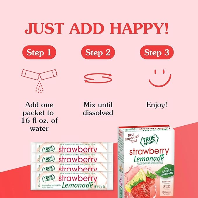 True Lemon Strawberry Lemonade 30ct (Pack of 1) - Drink Mix - No Artificial Sweeteners, Low Calorie - Powdered Drink Mixes & Flavors - Water Flavor Packets & Water Enhancer with Stevia