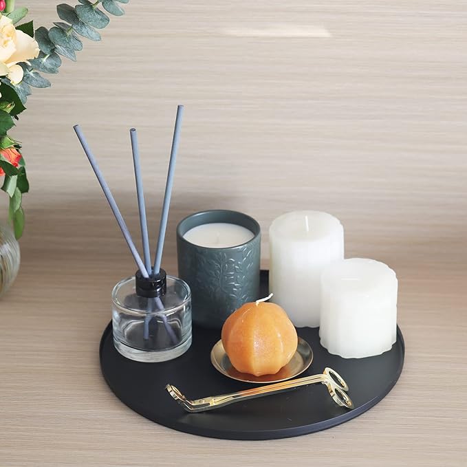 FREELOVE Black Tray, Round Serving Platter, Bar Circle Decorative Plate, Coffee Table Metal Decor Dishes, Brushed Hammered Coasters, Counter Bathroom Kitchen Dessert Cart Display Food, Thin 12 inch