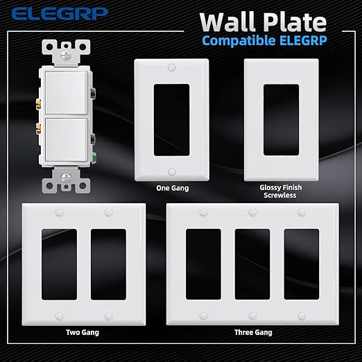 ELEGRP Decorator Double Rocker Light Switch, Two Single Pole Electrical Paddle, 15A 120V, In-Wall On/Off, Self-Grounding, Wall Plate Included, UL Listed (2 Pack, Glossy White)
