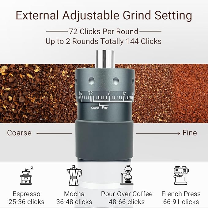 Manual Coffee Grinder with Numerical External Adjustable Setting Stainless Steel Conical Burr Hand Crank Coffee Mill for Cold Brew Espresso French Press Pour Over Drip with Foldable Handle- Grey