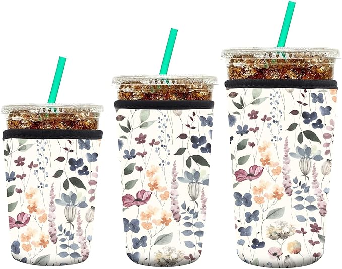 3 Pack Reusable Neoprene Insulator Sleeve for Iced Coffee Cups, Funny Coffee Cup Sleeves for 16-32oz Coffee cups, Cute Drink Sleeve for Cold Hot Beverages Boho Floral