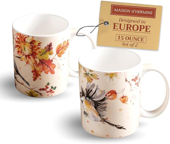 Maison d' Hermine Coffee Mug with Handles Fine Bone China Mugs Pack of Two Tea Cups for Hot Beverages Cappuccino Latte Home Restaurant Office Perfect for Gift (Kelim - Prairie, 15 Ounce)
