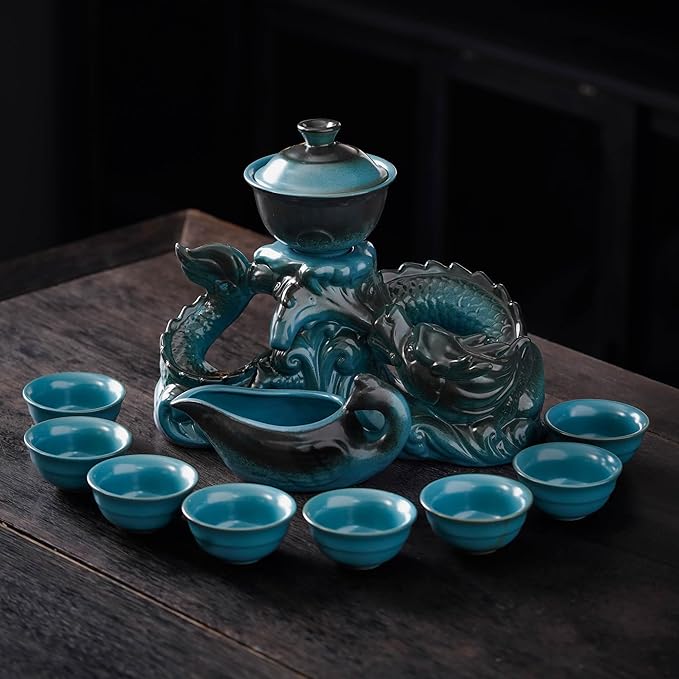 Semi Automatic Tea Set Ceramic Teapot with Infuser Magic Teapot with 8 cups (Light Blue Dragon-D)