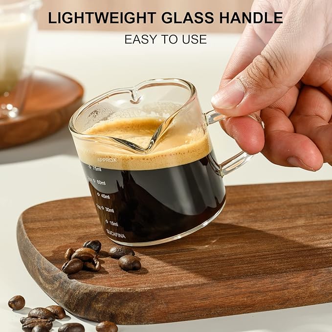 PARACITY Espresso Cup with Handle, 2.5 OZ Double Spout Clear Glass Measuring Cup with Dual Scale, Espresso Shot Glass with V-Shaped Mouth, Espresso Accessories