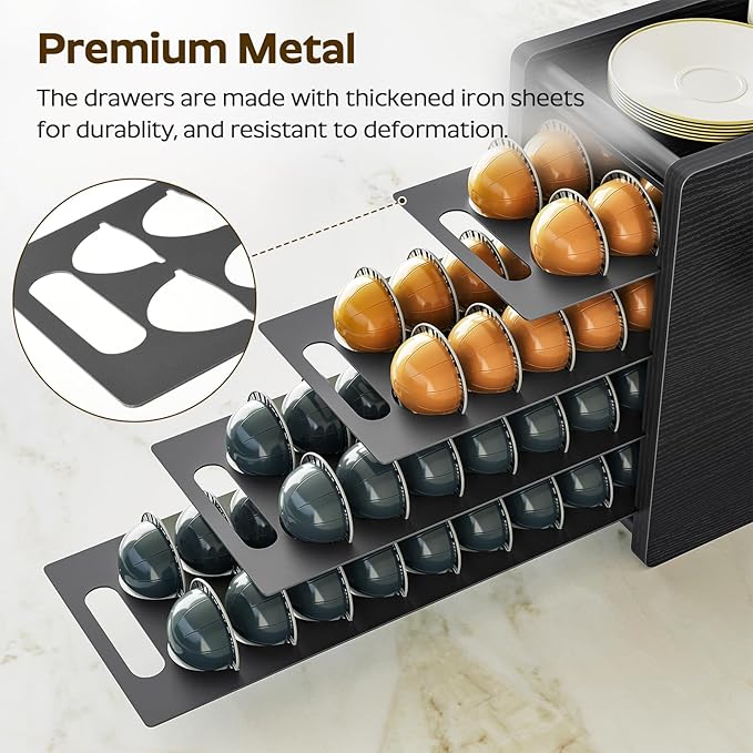 Coffee Pod Drawer Holder, 72 Pods Large Capacity, 4 Tier Holder for Vertuo, Coffee Pod Organizer for Countertop, Storage Rack for Nespresso Vertuo Pods, Space Saving, Black KH06BB