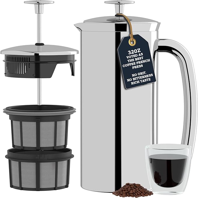 ESPRO P7 French Press Stainless Steel 304 – Patented Double Walled Micro-Filter Insulated French Press Coffee Maker, Grit-Free Brew - Heat Resistant Plastic Free Coffee Maker, Polished (32oz)