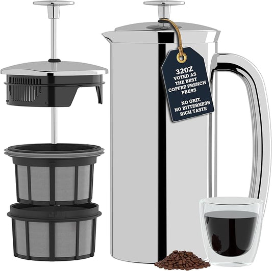 ESPRO P7 French Press Stainless Steel 304 – Patented Double Walled Micro-Filter Insulated French Press Coffee Maker, Grit-Free Brew - Heat Resistant Plastic Free Coffee Maker, Polished (32oz)