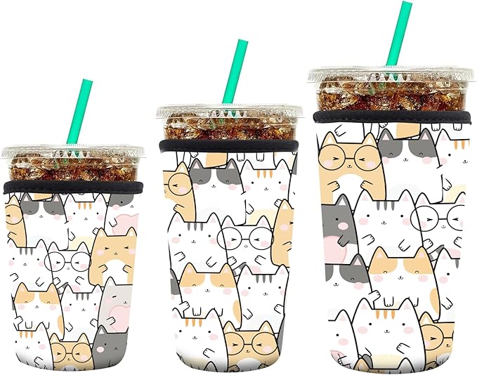 3 Pack Reusable Neoprene Insulator Sleeve for Iced Coffee Cups, Funny Coffee Cup Sleeves for 16-32oz Coffee cups, Cute Drink Sleeve for Cold Hot Beverages Cute Cats