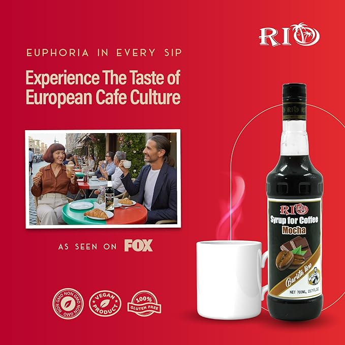 RIO Mocha Coffee Syrup, Perfect for Hot or Iced Drinks & Desserts, Chocolate & Coffee Combo, Sweetened with Pure Cane Sugar, Barista-Grade Flavor Syrups for Drinks at Home & Work - 700ml