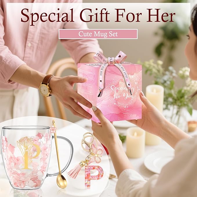 Personalized Gift for Women Flower Glass Coffee Mug Initial Tea cup Monogrammed Customized Bridesmaid Bride Wedding Gifts Graduation Gifts Valentine Mother's Day Birthday Christmas Gift (P)