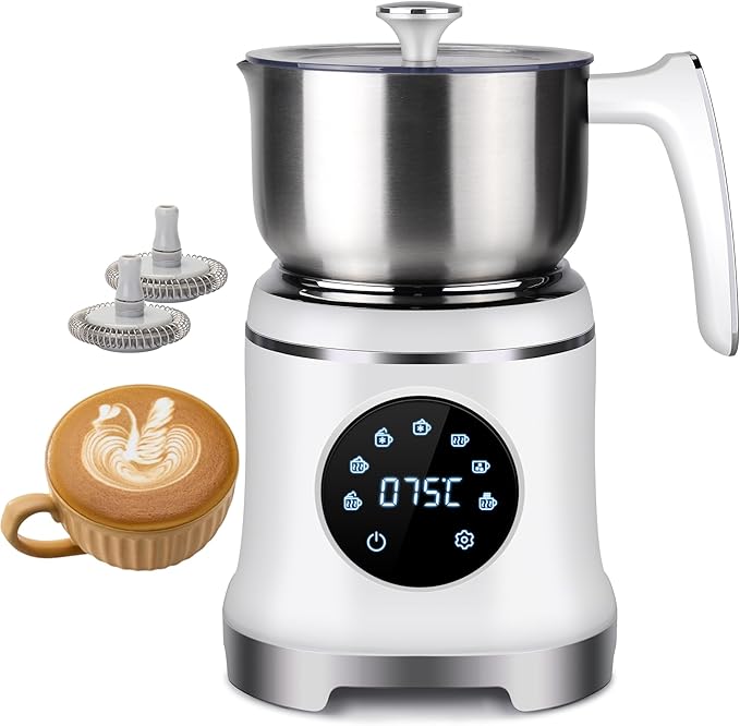 7-IN-1 Milk Frother, 20.3 OZ Milk Frother and Steamer with Temperature Control Stainless Steel Electric Milk Frother Dishwasher Safe Hot and Cold Foam for Latte Hot Chocolate Cocoa (White)