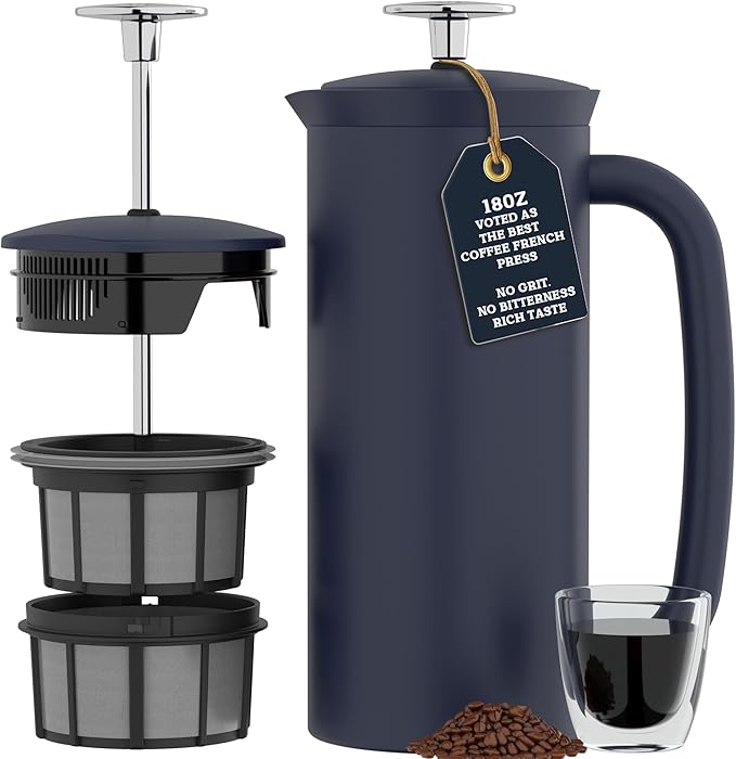ESPRO P7 French Press Stainless Steel 304 – Patented Double Walled Micro-Filter Insulated French Press Coffee Maker, Grit-Free Brew - Heat Resistant BPA Free - Agean Blue (18oz)