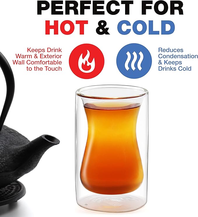 Eparé 6 oz Turkish Tea Cups Set of 2 – Heat Resistant Double Wall Turkish Tea Glass – Lightweight and Insulated Borosilicate Glasses