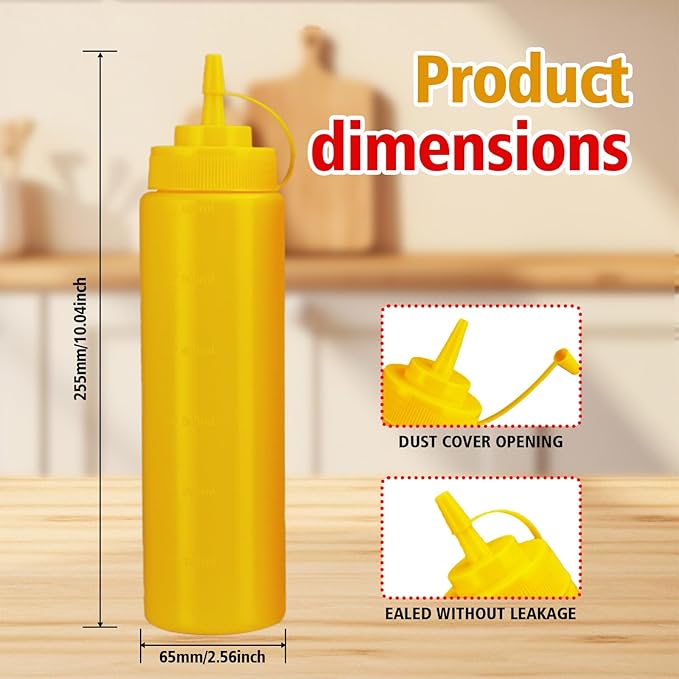 Squeeze Bottles for Sauces,Leak-Proof Condiment Dispenser, BPA-Free Kitchen Restaurant Squeeze Bottle Set with Wide Mouth for Ketchup, Mustard,Syrup,Dressings (Yellow, 2Pack-24oz(600ml))