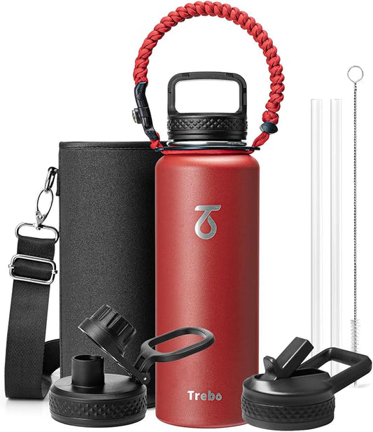 Trebo Water Bottle 40oz with Paracord Handle, Half Gallon Large Vacuum Double Wall Stainless Steel Insulated Water Jug with Holder Strap Straw Spout Lids, Leakproof Keep Cold & Hot, Red