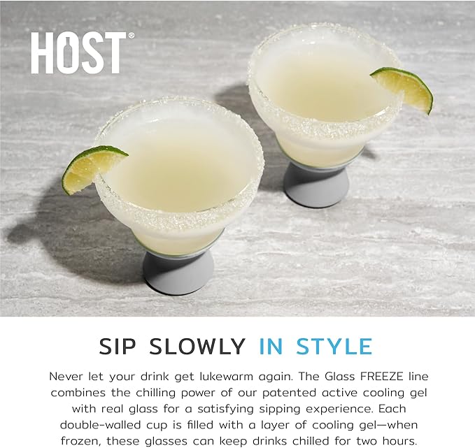 Host Glass Freeze Stemless Margarita Glasses Drinking Set, Insulated Cocktail Glass Set with Silicone Band, 12oz Margarita Glasses Set of 2 in Gray