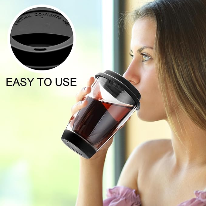 Double Walled Glass Coffee Mugs, Glass Coffee Cugs with Silicone Lid 12OZ, Insulated Coffee Mug, Clear Coffee Mug for Travel/Kitchen(Black)