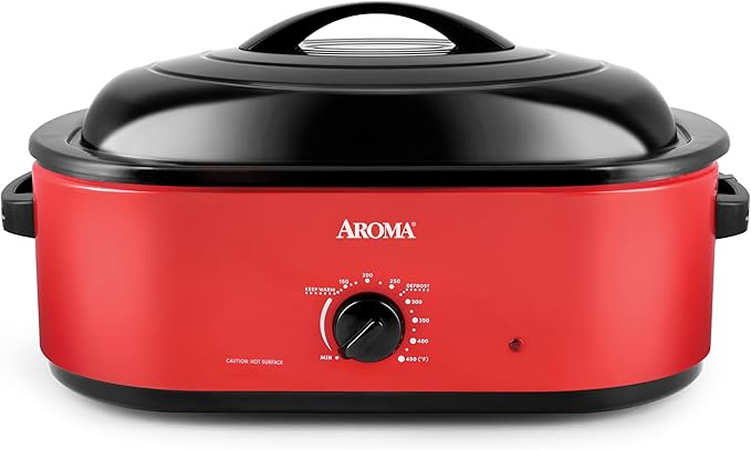 AROMA 18Qt. Roaster Oven with Self-Basting Lid, Fits 22-lb. Turkey, Adjustable Temperature Settings, Keep Warm Setting, Red (ART-718R)