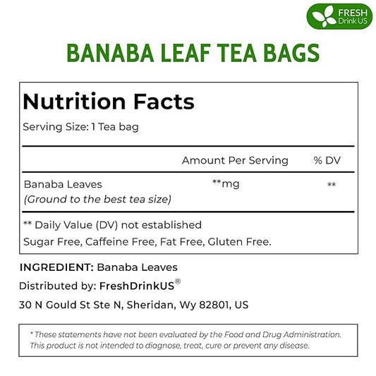 FreshDrinkUS, Premium 40 Banaba Tea Bags, 100% Natural & Pure from Banaba Leaves. Loose Leaf Banaba Herbal Tea. No Sugar, No Caffeine, No Gluten, Vegan.