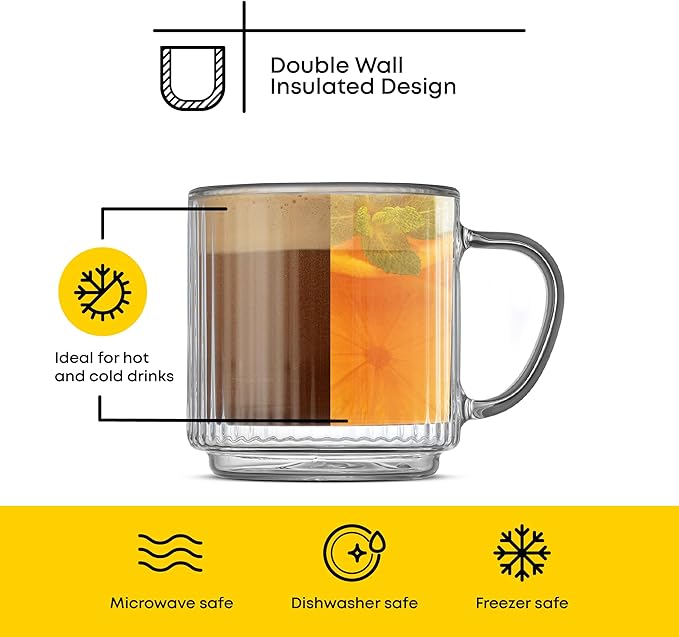 JoyJolt Haven Stackable Fluted Glass Mugs Set of 2, 5.5oz Ribbed Double Wall Glass Coffee Mugs, Stacking Insulated Coffee Cup Set also for Espresso Shot Tea Latte Macchiato Cappuccino
