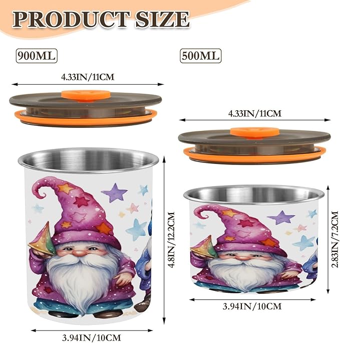 YETTASBIN Cute Gnome Airtight Food Storage Containers 500ml/19oz, Stainless Steel Coffee Canisters with Vacuum-Lock Lid for Kitchen Organization, Coffee Bean, Tea, Sugar, Flour
